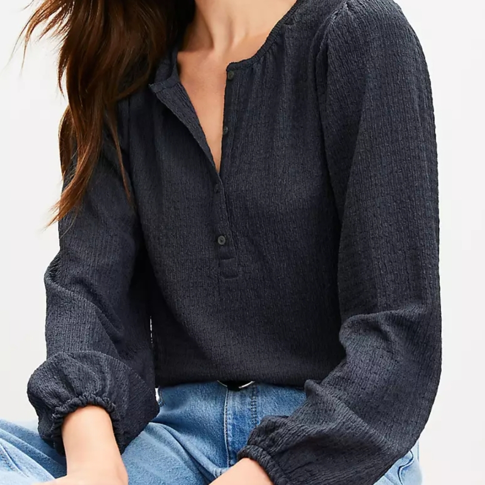 LOFT Gray Blouse with Mandarin Collar and 3/4 Sleeves